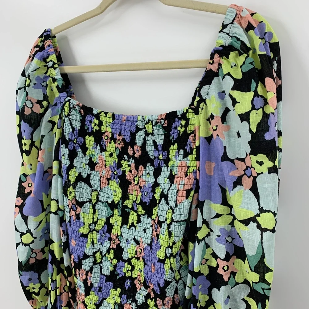 Free People Ariana Square Neck Smocked Top in Retro Floral Sz M